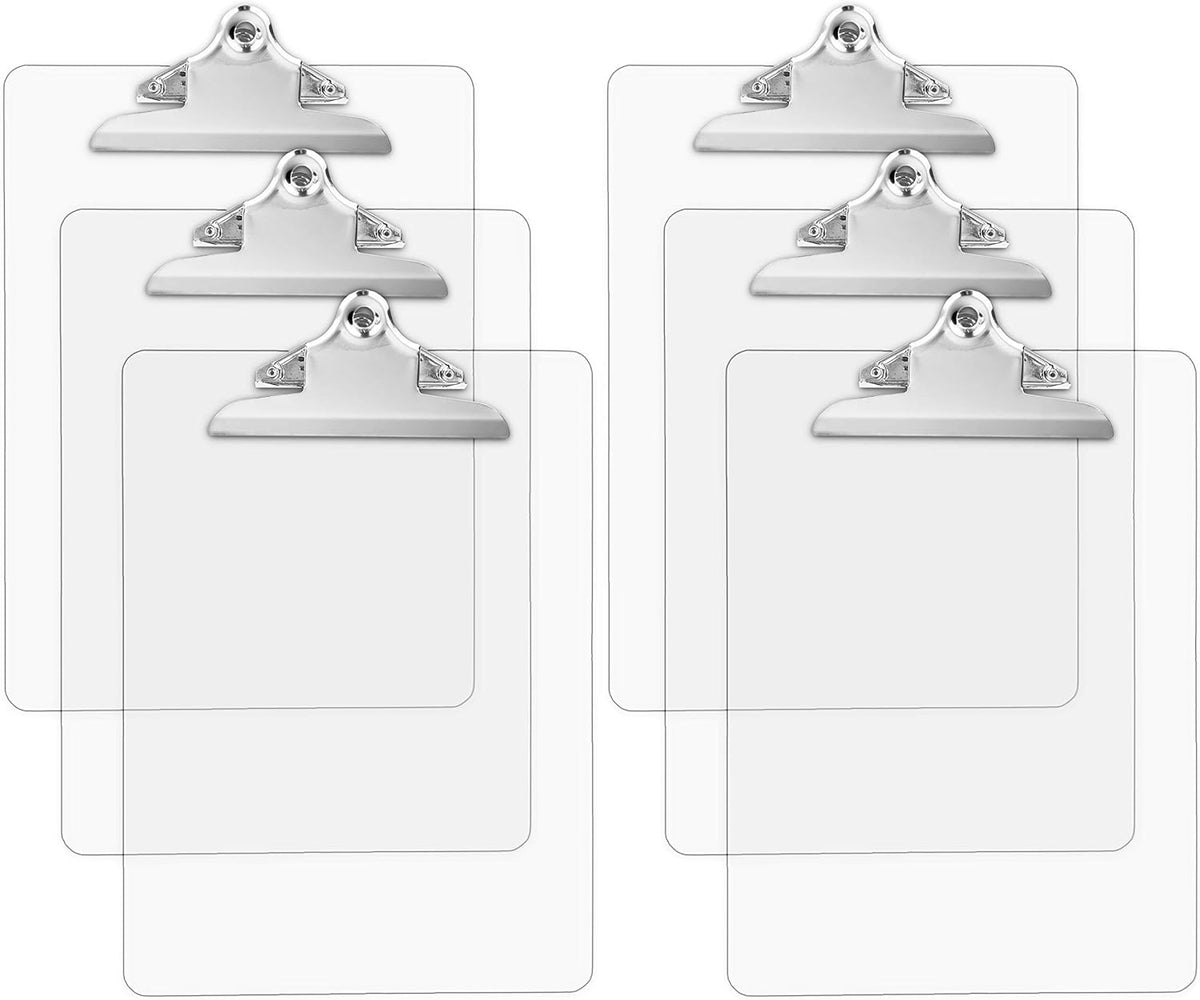 Plastic Transparent Clipboards (Set of 6) Multi Pack Clipboard | Strong 12.5 x 9 Inch | Holds 100 Sheets! Acrylic Clipboards with Big Clips | School Supplies for Kids, Teachers, College Students