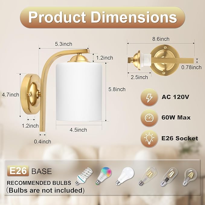 CANMEIJIA Gold Wall Light Fixtures, Wall Sconce 2 Light, Gold Wall Lamp Bathroom Vanity Lightting for Mirror Bedroom Hallway Kitchen Porch, Milky White Glass Shades, E26 Socket, Bulbs Not Included