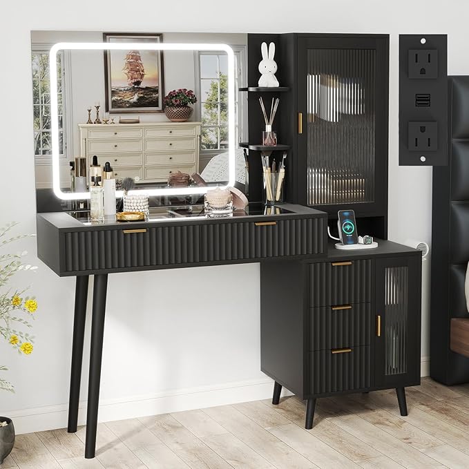 Black Vanity Desk with Mirror and Lights, 49" Fluted Wood Makeup Vanity Table with Modern Glass Top, Charging Station, 5 Drawers, 2 Cabinet with Adjustable Shelves, Salon Station