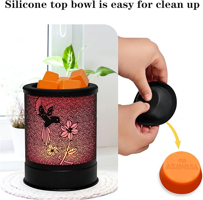 ASAWASA Metal Wax Warmer Electric,Wax Melt Warmer Candle Burner and Wax Melter with 7 Colorful Changing Lights & 1 Silicone Dishes for Office Home Decor(Colorful Hummingbird)