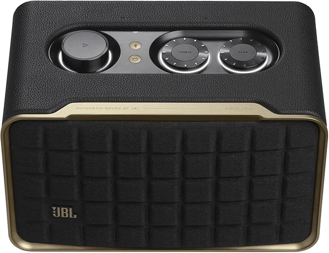JBL Authentics 200 - Retro Style Smart Home Speaker with Built in Wi-Fi, Bluetooth and Voice Assistants, Alexa and Google Assistant, Multi-Room Playback, Automatic self tuning (Black/Gold)