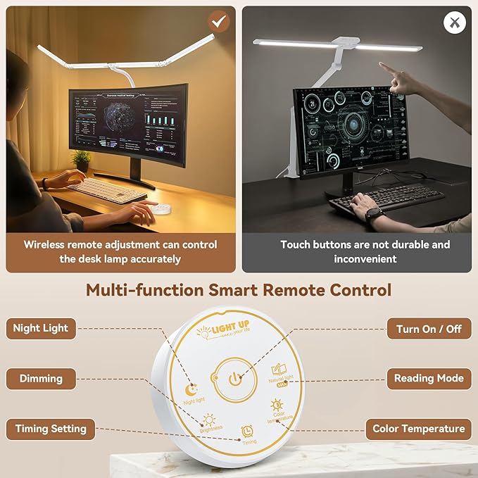 Led Desk Lamp with Clamp: Architect Desk Lamp for Home Office, Eye Caring Double Head Computer Monitor Gooseneck Desk Light with Remote Control - 24W Flexible Dimmable Desktop Table Lamp White