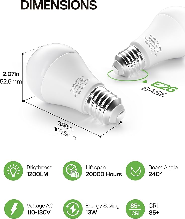 Dusk to Dawn Sensor LED Outdoor Light Bulb, Warm White 3000K, A19 13W(100 Watt Equivalent) Bright Porch Lighting, 1200LM, Auto-On/Off Photocell Sensor for Garage Yard Patio Garden-4 Pack
