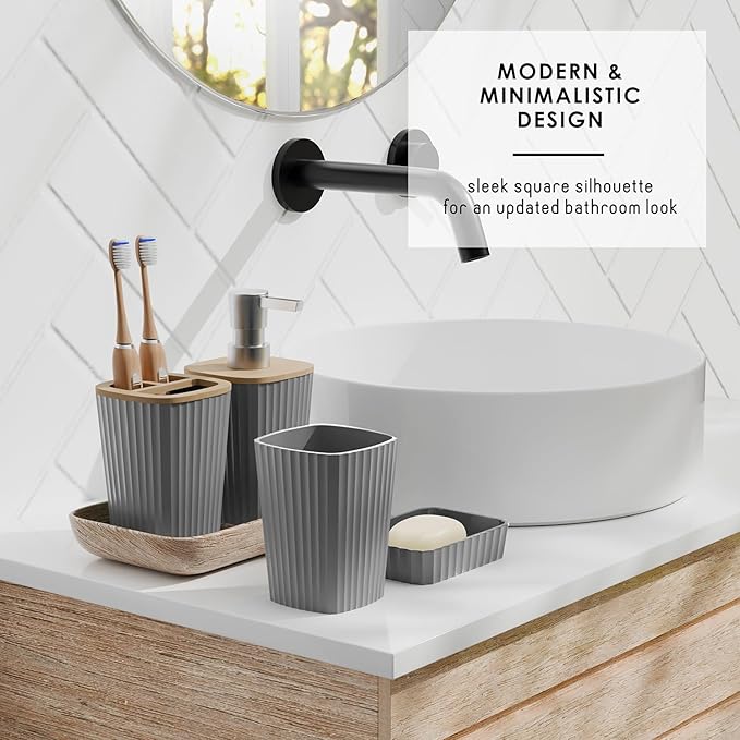 Clara Clark Bathroom Set - Grey Bathroom Accessories Set, 6PC Bathroom Accessory Set, Bathroom Sets with Toilet Brush, Trash Can & Soap Dispenser