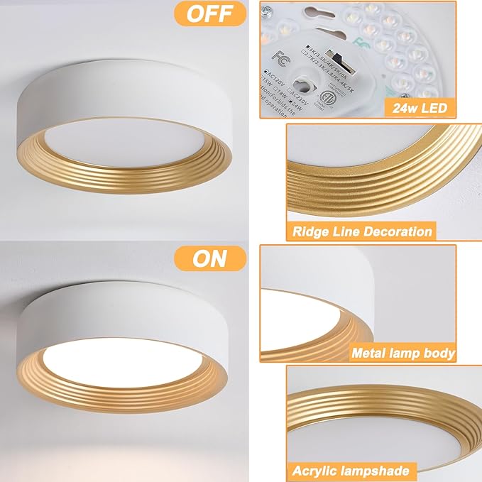 Dimmable Modern LED Flush Mount Ceiling Light,11.8 Inch 5CCT 24W/3000K-6000K,Minimalist Round White and Gold Close to Ceiling Lighting Fixtures for Kitchen,Hallway,Laundry Room,Entryway,Porch