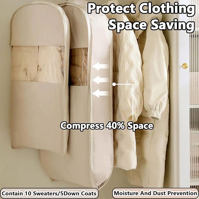 Space Saving Hanging Garment Bag with Self Compression Zipper，Dust Cover Clothes Bags for Down Coat,Dress,Suit，Closet Storage Organizer for Home Travel Use (Beige, M+L+XL)