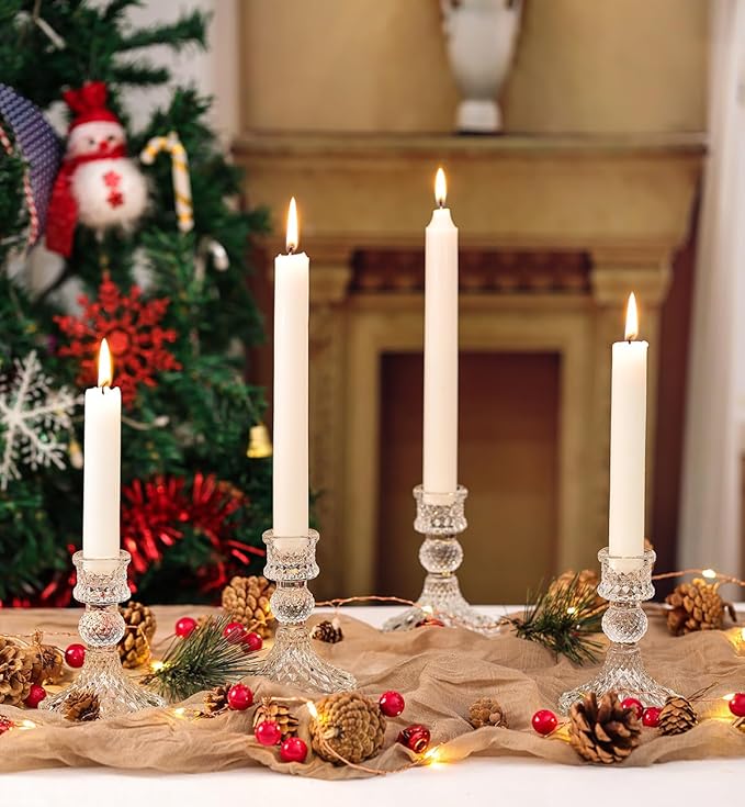 Glass Candle Holder Set of 6, Clear Candlestick Holder & Vintage Candlestick Holder, Taper Candle Holder for Table Centerpieces, Fall, Christmas, Autumn, Thanksgiving Decor