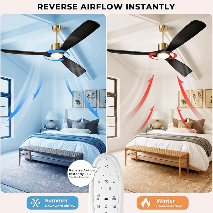 Ceiling Fan with Light and Remote Control, 52" Outdoor Ceiling Fan for Patios, Bedrooms & Living Rooms - Matte Black & Gold