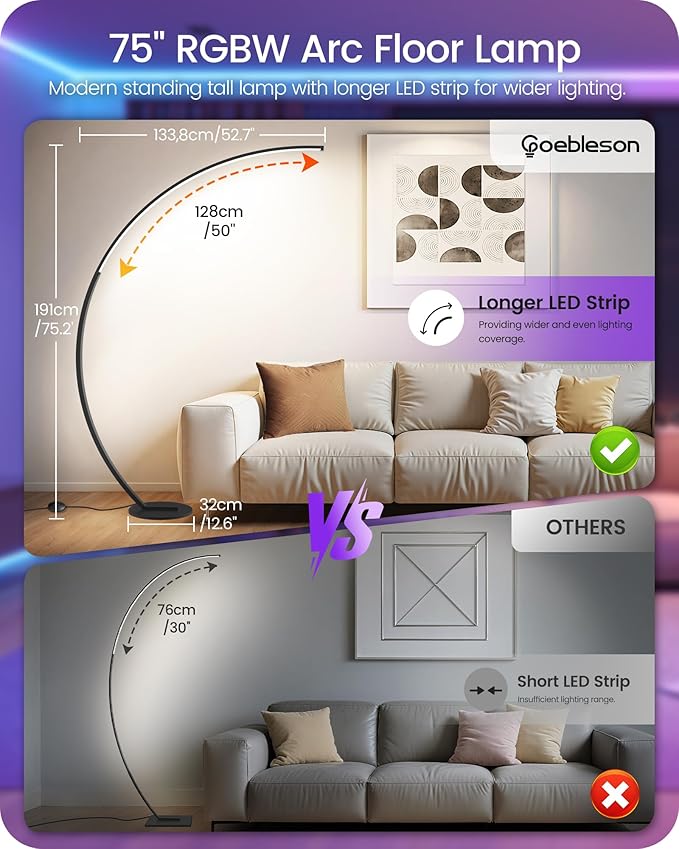 RGBW Floor Lamp, 75” Standing Tall Lamp, Dimmable Arc Floor Lamp for Living Room with Foot and Remote Control, 18 DIY Colors, 3000K-6000K White, LED Corner Lamp, Color Changing Ambient Light RB62LD05