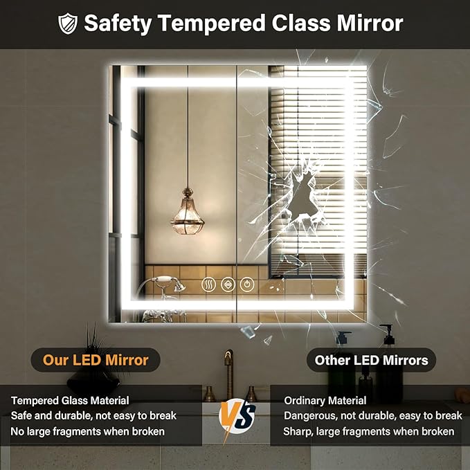 36"x 36"LED Bathroom Mirror, Backlit + Front Lit, LED Bathroom Mirror with Lights for Wall, 3 Colors, Anti-Fog, Dimmable Brightness, Tempered Glass