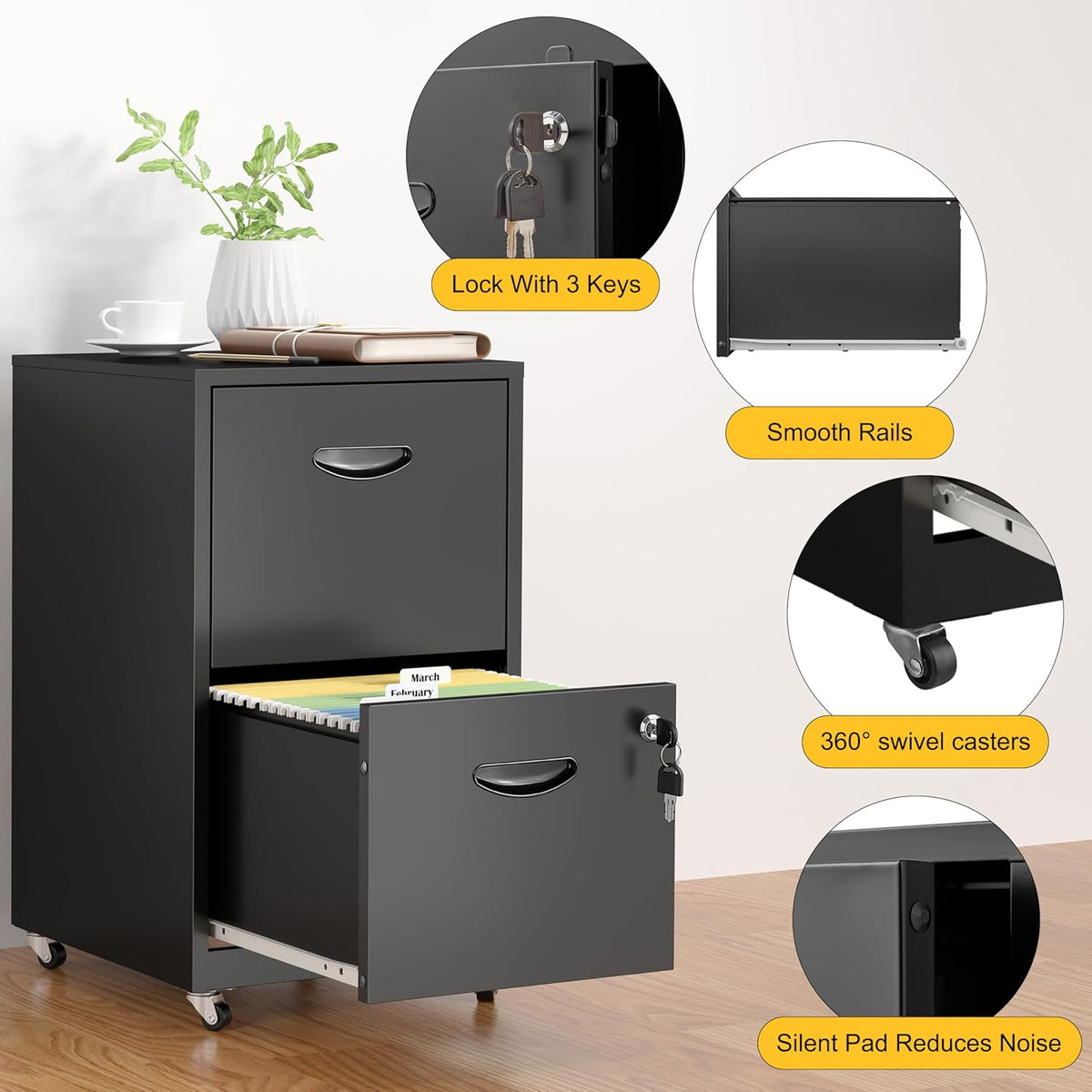 2 Drawer File Cabinet with Lock，Black Rolling File Cabinet for Home Office, Metal Small Mobile Filing Cabinets on Wheels for Hanging Letter