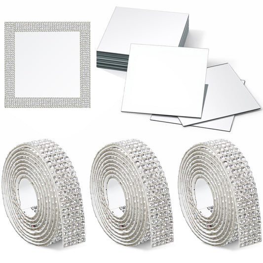Qunclay 28 Pcs Square Mirror Tiles and Rhinestone Ribbons Set, 4 x 4 Inch Small Decorative Glass Mirror Tiles Bulk 0.43 Inch Wide 1 Yards Silver Self Adhesive for DIY Home Projects Decor