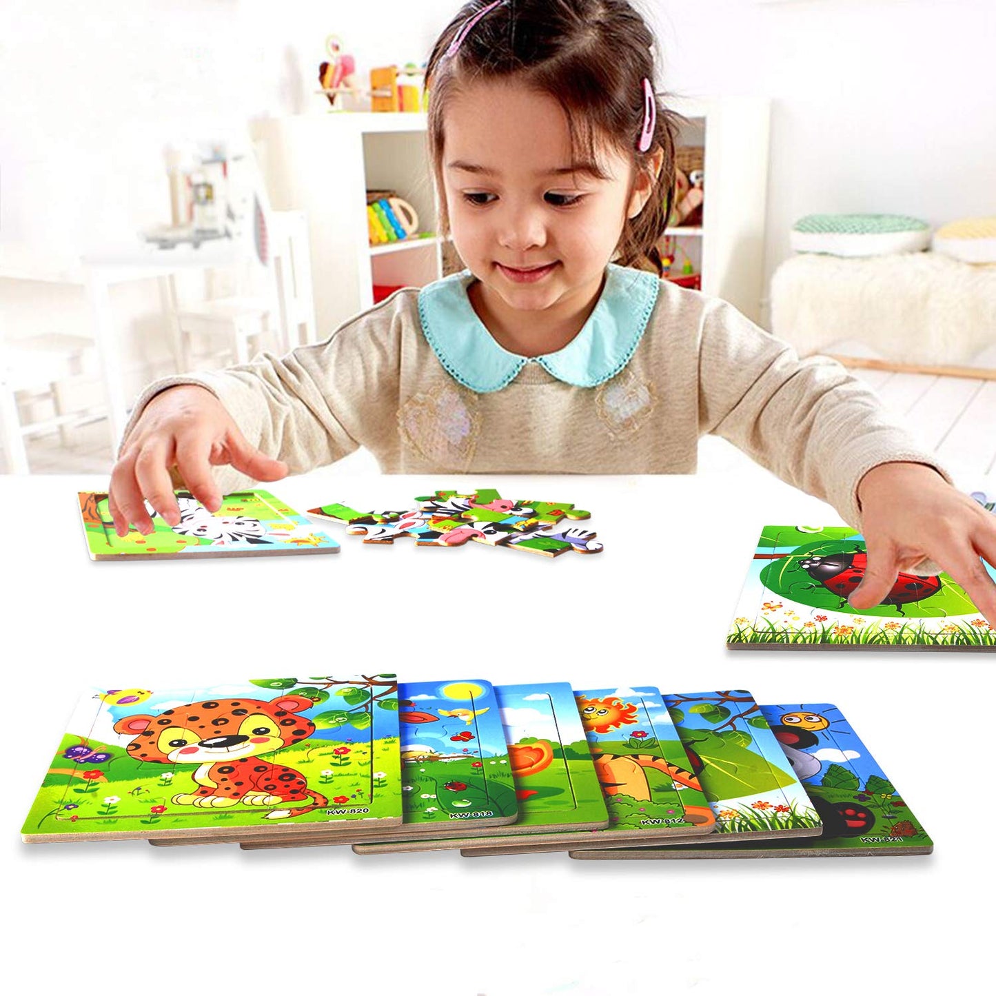 SANNIX 12 Pack Jigsaw Puzzles for Toddlers Wooden Animals Jigsaw Puzzles 9 pcs with 12 Organize Bags for Kids Ages 2 3 4 5 Preschool Educational Puzzles Learning Travel Toys for Boys and Girls
