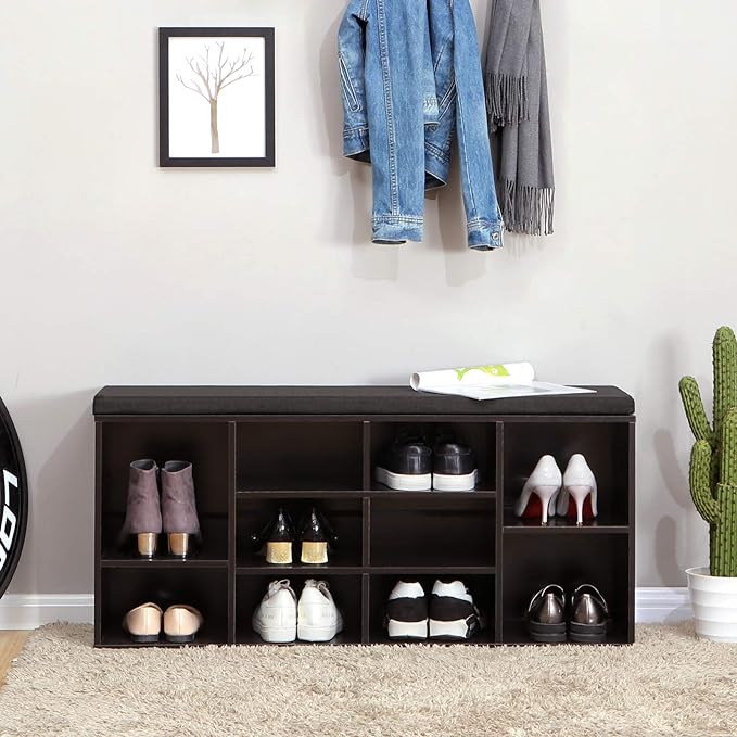 VASAGLE CUSTOS Collection - Shoe Bench, Storage Bench with Padded Seat, Entryway Bench with 10 Compartments, for Bedroom, 11.8 x 40.9 x 18.9 Inches, Espresso Brown and Chestnut Brown ULHS10BR