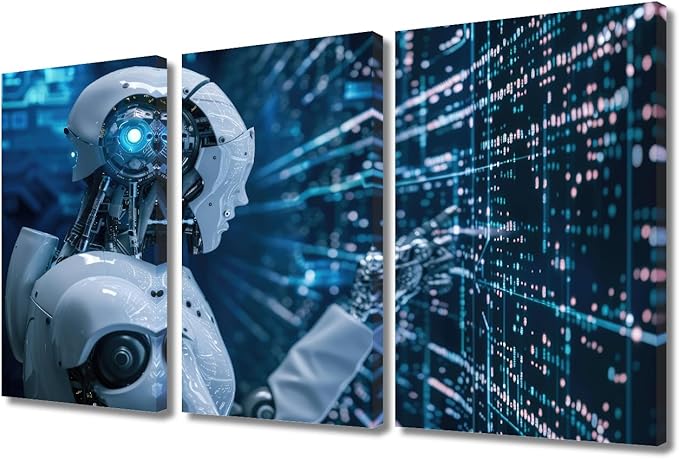 3 Panels Canvas Wall Art - Robot Canvas Wall Art Big Data Analysis Paintings Canvas Print Large Wall Decor AI Intelligence Pictures Modern Artwork for Wall Decorations Framed Ready to Hang, 36"Wx24"H