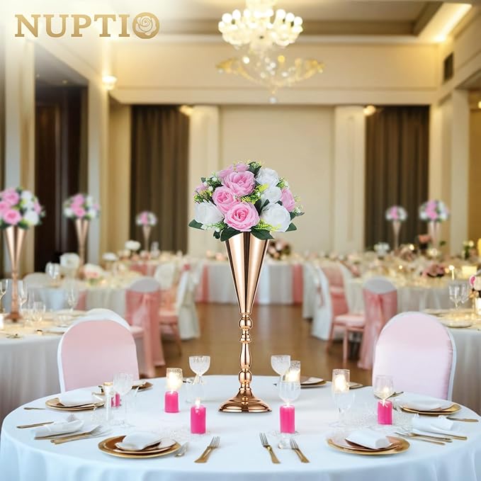 NUPTIO Pcs of 6 Fake Flower Ball Arrangement Bouquet,15 Heads Plastic Roses with Base, Suitable for Our Store's Wedding Centerpiece Flower Rack for Parties Valentine's Day Home Décor (Pink & White)