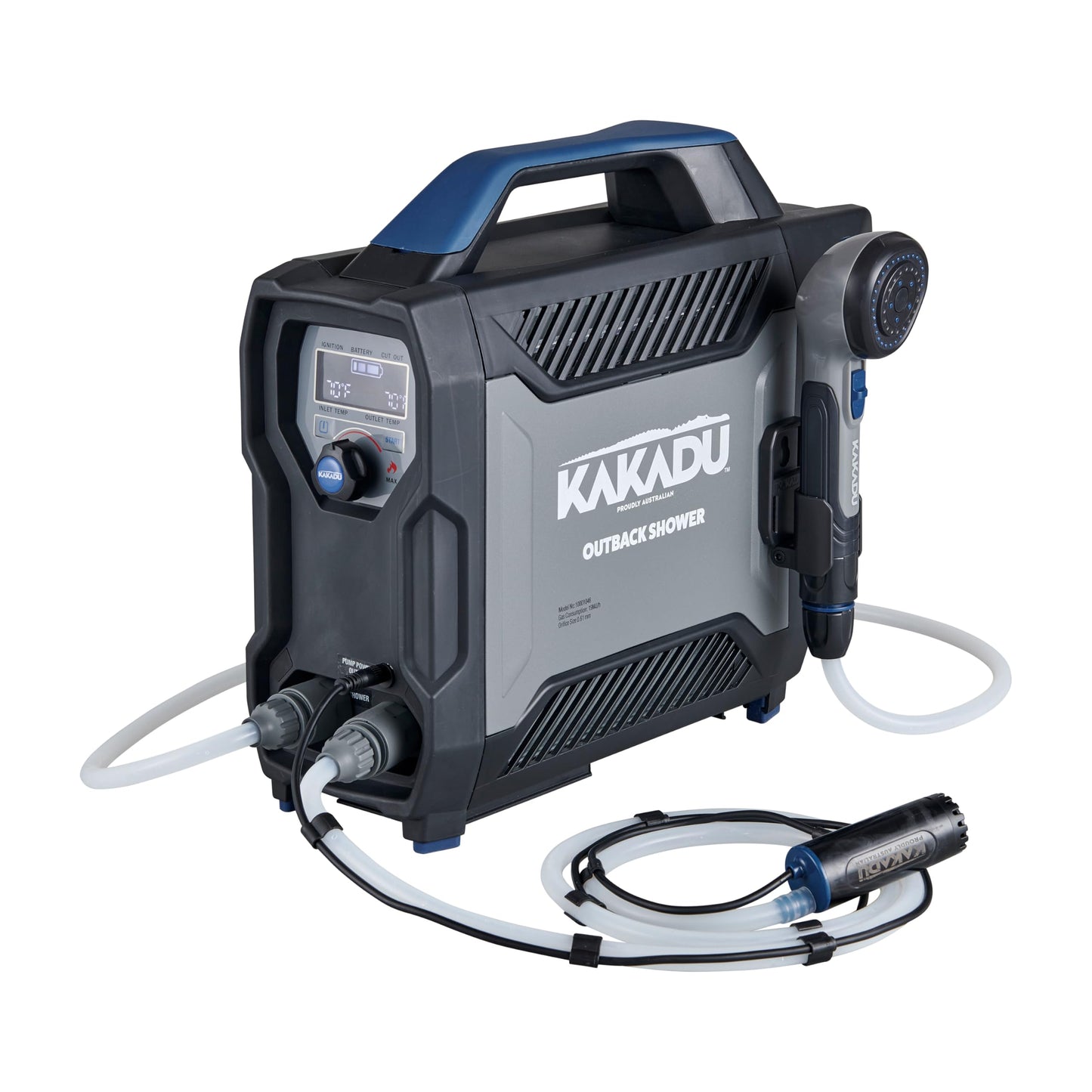 Kakadu Portable Camping Outback Shower, Instant Hot Water for Outdoor Use - Slimline Design, Rechargeable Lithium Battery, Adjustable Shower Head, Slim Pump, Digital Display
