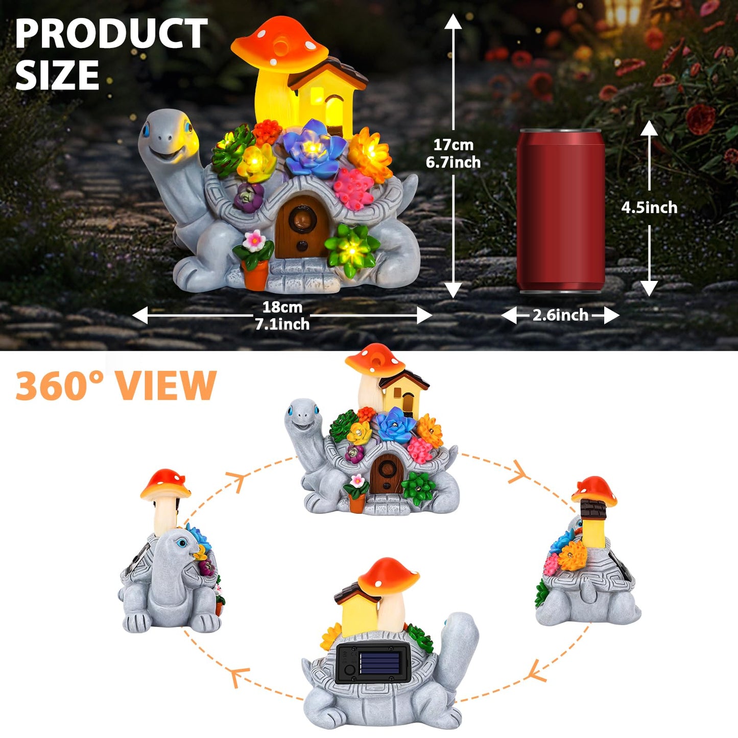 Cikoube Solar Garden Turtle Statues with Succulentss and 7 LED Lights, Outdoor Garden Decor Turtle Figurine for Yard Lawn Patio Balcony Porch, Unique Birthday Gifts Housewarming for Mom Women