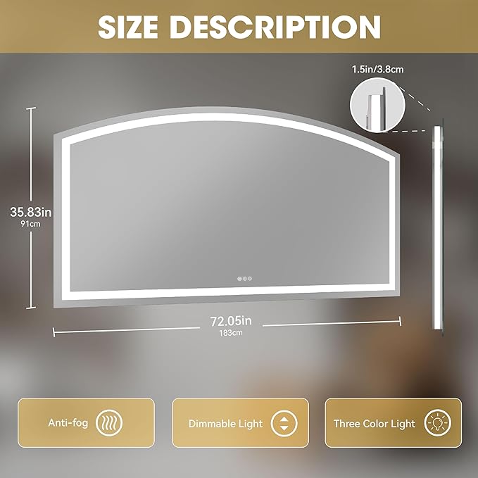Hasipu 72" x 36" Arch LED Bathroom Mirror, Frontlit Wall-Mounted Vanity Mirror with Lights, Defogging, Smart Touch, Dimmable 3 Color Modes, Safety Shatterproof Glass Coating