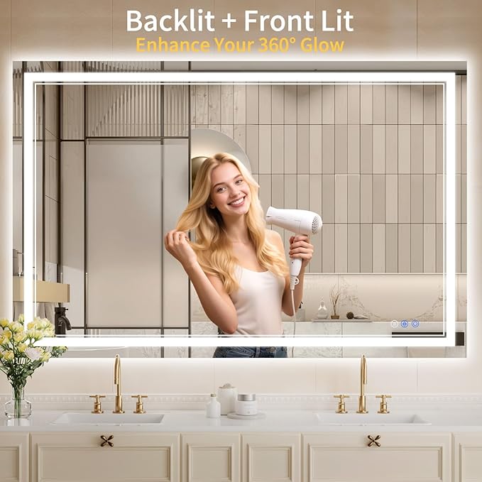 36"x55" LED Bathroom Mirror with Lights, Anti-Fog, Backlit + Front Lit, Dimmable, Led Vanity Mirror for Wall, Lighted Bathroom Mirror, 3 Colors, Shatter-Proof Tempered Glass