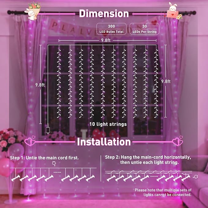 JMEXSUSS 300 LED Curtain Lights Plug in with Remote, Pink String Lights for Bedroom, Christmas, Window, Wall, Party, Teen, Girls' Room, Dorm, Valentine's Day Indoor Outdoor Decor, 9.8X9.8ft