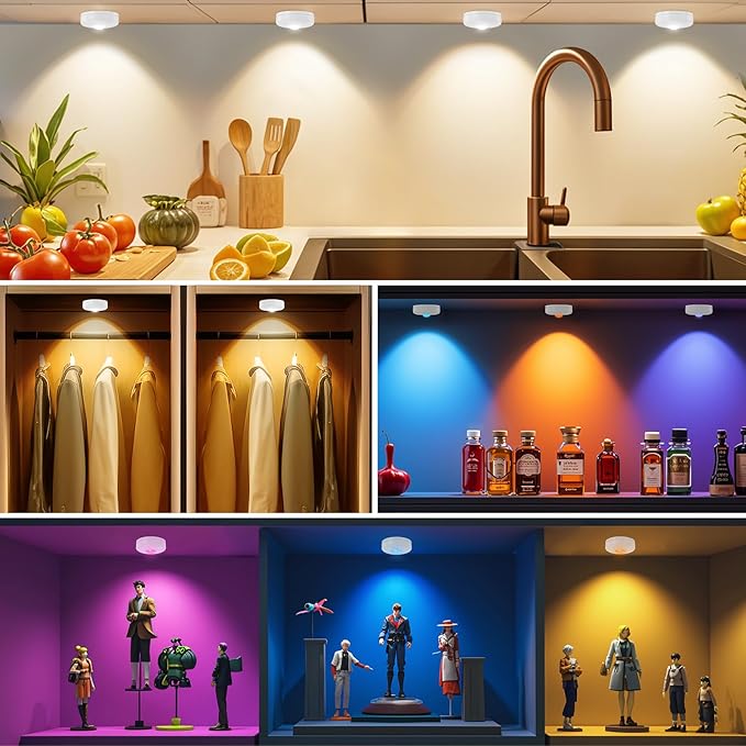 LED Puck Lights with Remote Control, 13 Colors Battery Operated Tap Lights, Dimmer& Timer Under Cabinet Light, Wireless Stick on Light for Closet, Bedroom, Kitchen White 6Pcs