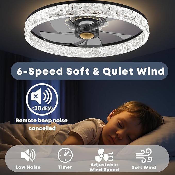 20'' Ceiling Fan with Light, Upgraded Low Profile Fan, Flush Mount Ceiling Fan, 6 Speeds, Dimmable LED, App & Remote Control, Quiet DC Motor, for Bedroom, Living Room, F098 Black