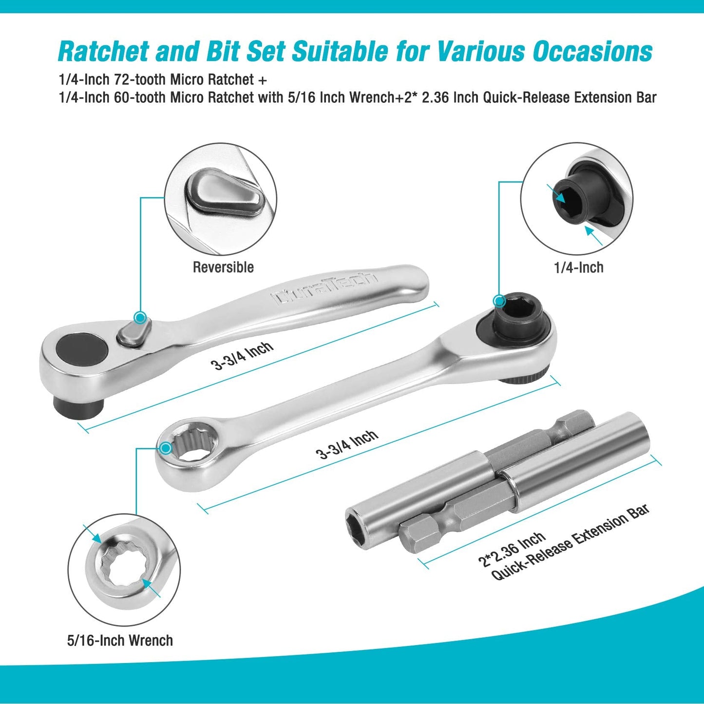 DURATECH 56-Piece 1/4" Mini Ratchet Wrench and Screwdriver Bit Set, 2-in-1, 72-Tooth and 60-Tooth with Bit Socket Set, Storage Cases Included