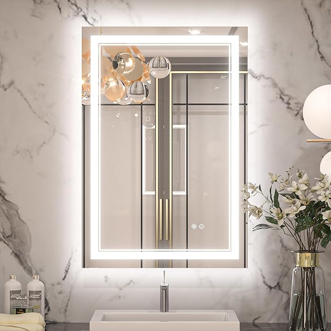 Keonjinn 22" x 32" Lighted Mirrors for Bathroom Wall, Frontlit & Backlit LED Bathroom Mirror, Tempered Glass, 3 Color Lights, Dimmabled, UL-Listed LED Driver, Anti-Fog, Smart Bathroom Vanity Mirror