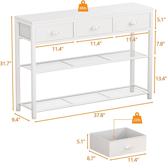 Furologee White Entryway Table, 38'' Console Sofa Table with 3 Fabric Drawers, Industrial Entry Way Table with Storage Shelves, Display Shelf for Living Room, Hallway, Entrance, Foyer
