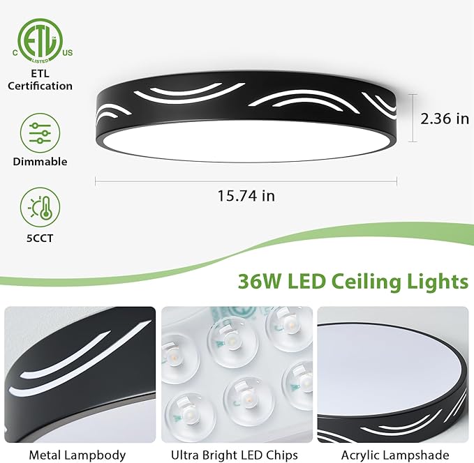 Modern Dimmable Ceiling Light Fixture,5CCT in One LED Flush Mount Kitchen Lights,Round Close to Ceiling Lamp for Bedroom Living Room Hallway Entryway Laundry Room Bathroom(Black,15.75 in,ETL Listed)