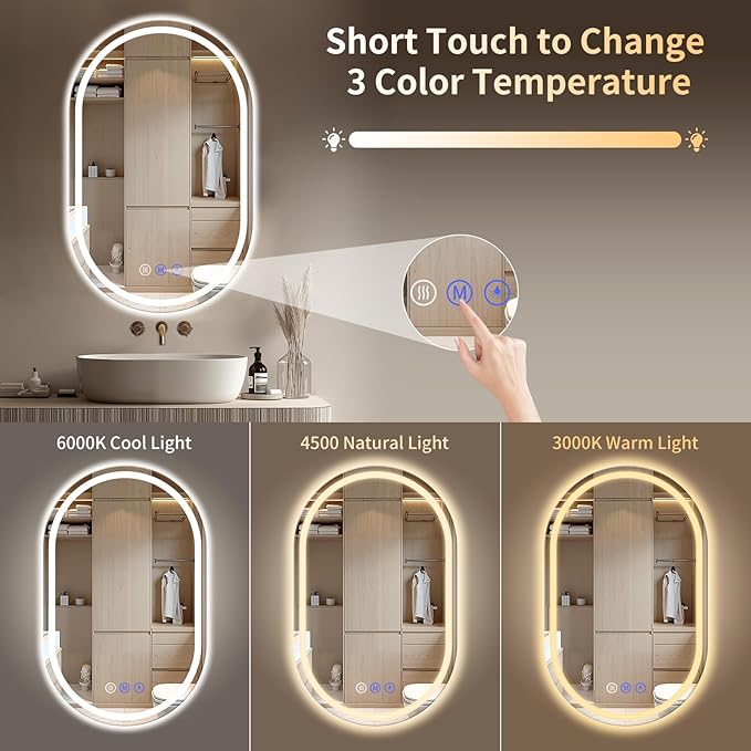 Oval LED Bathroom Mirror, 30"x 40" Frameless LED Mirror with Front Light and Backlit, Anti-Fog, Dimmable Modern Wall Mounted Lighted Mirror，Pill-Shaped Smart Mirror Bathroom