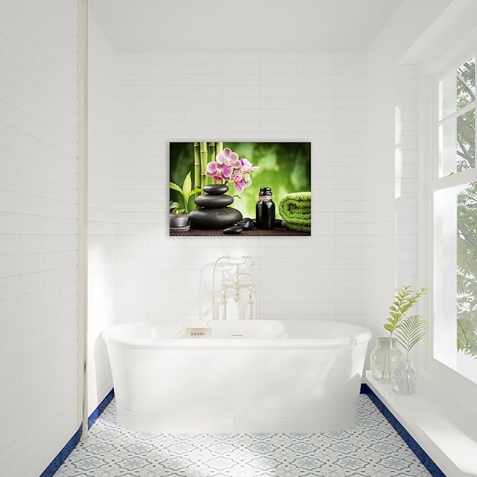 GUTTATY Zen Wall Art Decor, Modern Bathroom Zen Decor Wall Art, Canvas Wall Art for SPA Zen Room Decor, Green Bamboo and Pebble Relaxing Art Prints for Office & SPA Wall Decor 12x18 Inches