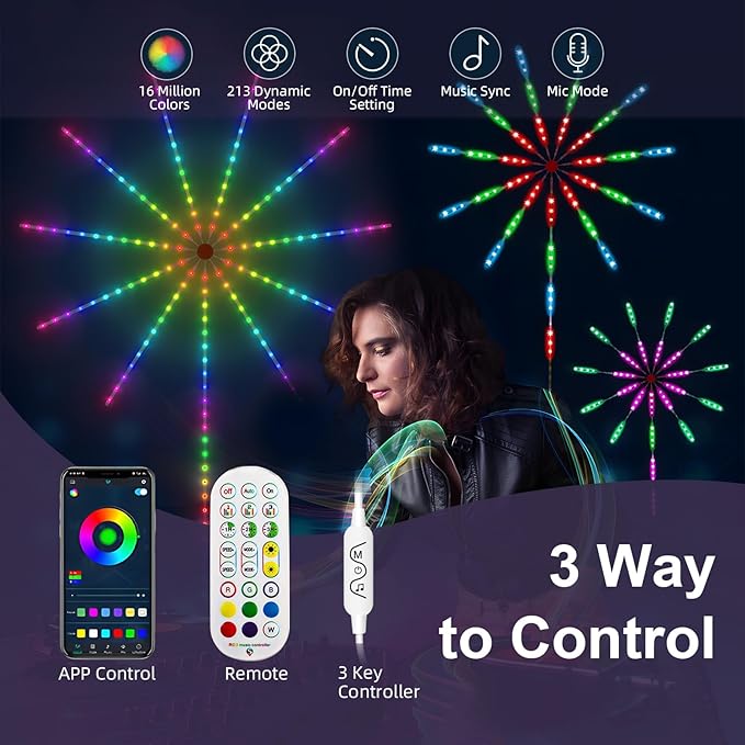 WiFi Bluetooth Smart Fireworks LED Light, Dream Colors LED Firework Lights Indoor with 16 Colors & 10 Lighting Modes, App and Remote Control, for Room, Party, Christmas, Festival Decor (12inchs)