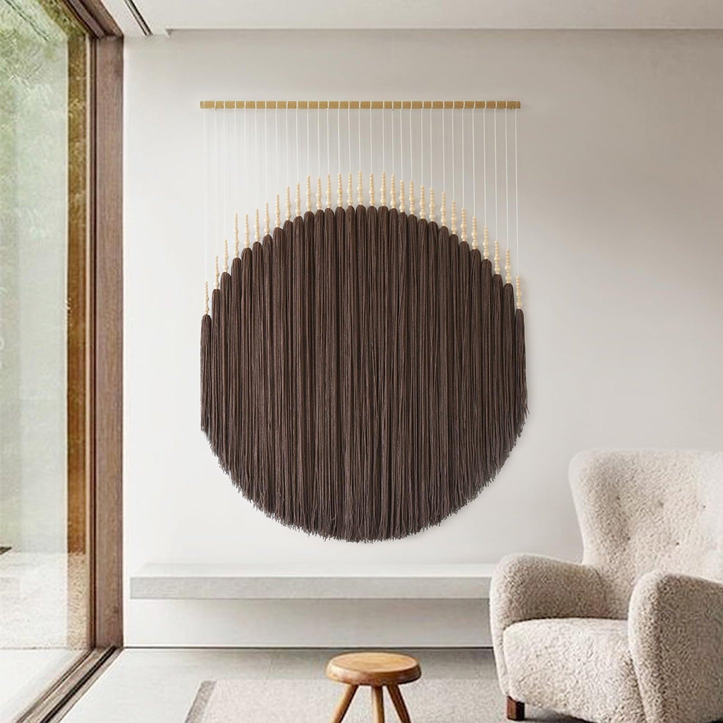 IOWER Macrame Wall Hanging Brown Yarn Beaded Backdrop Boho Wall Decor Round Tassel Home Wall Aesthetic Living Rooms Bedrooms Offices Geometric Art Chic Home Decor 39" W x 55"" L"