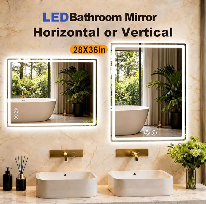 LTFUUAI 28"X36" LED Bathroom Mirror with Lights, Smart Touch 3-Color Dimming Lighted Vanity Mirror Wall Mounted, Anti-Fog Shatterproof with Front & Back Light, for Bathroom Vanity(Horizontal/Vertical)