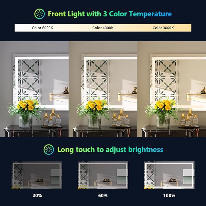 55x36 Inch RGB LED Bathroom Mirror Front Light and RGB Backlit Lighted Vanity Mirror for Bathroom Wall Mounted Dimmable Anti Fog Memory Shatter-Proof IP54 Waterproof Horizontal/Vertical