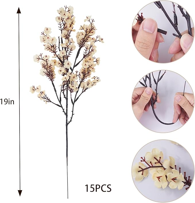 Uieke 15 Pcs Artificial Flowers Baby Breath Faux Champagne Artificial Gypsophila Bouquet Fake Silk Flowers Real Touch for Home Office Kitchen Wedding Wall DIY Room Farmhouse Décor