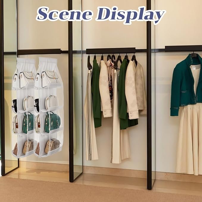3Pack Hanging Handbag Organizer for Closet – 8 Clear PE Pockets, Space-Saving Purse Storage Holder (White, 41” x 13.5”)