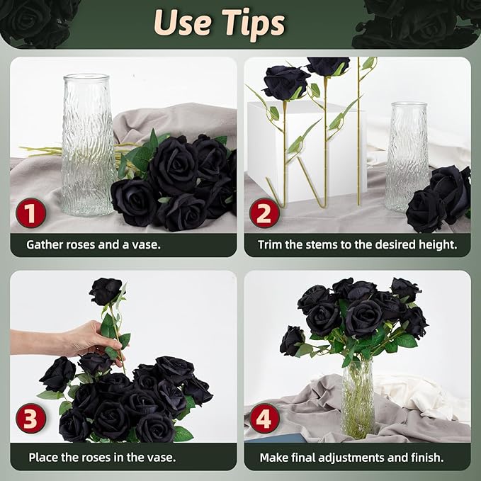Black Roses Artificial Flowers 50 Pack in Bulk, Fake Roses Flowers Realistic Roses for Halloween Gothic Wedding Home Party Decoration Event Gift (Black)