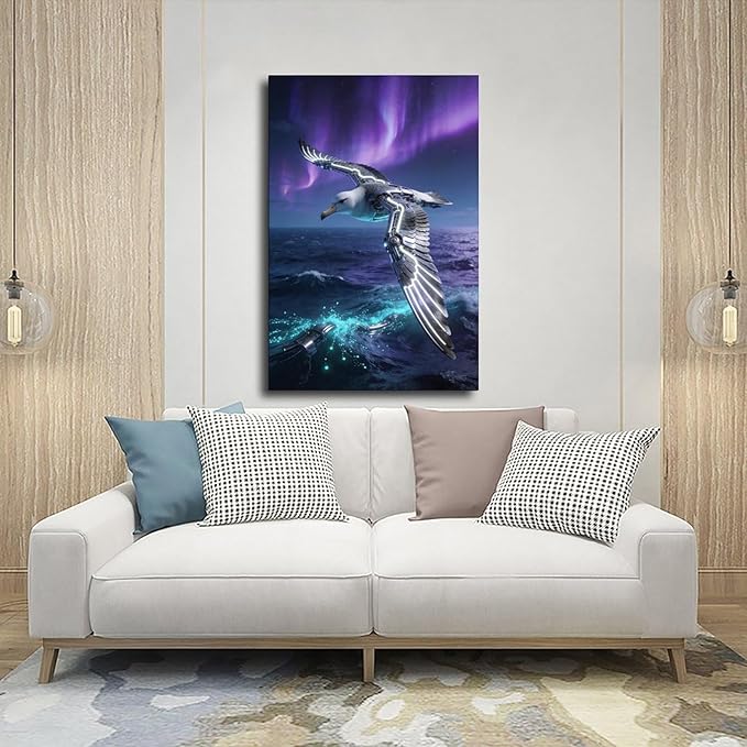 Framed Steampunk Mechanical Seagull Wall Art - Aurora Ocean Retro Poster for Bedroom Game Room Decor 12x18inch(30x45cm)