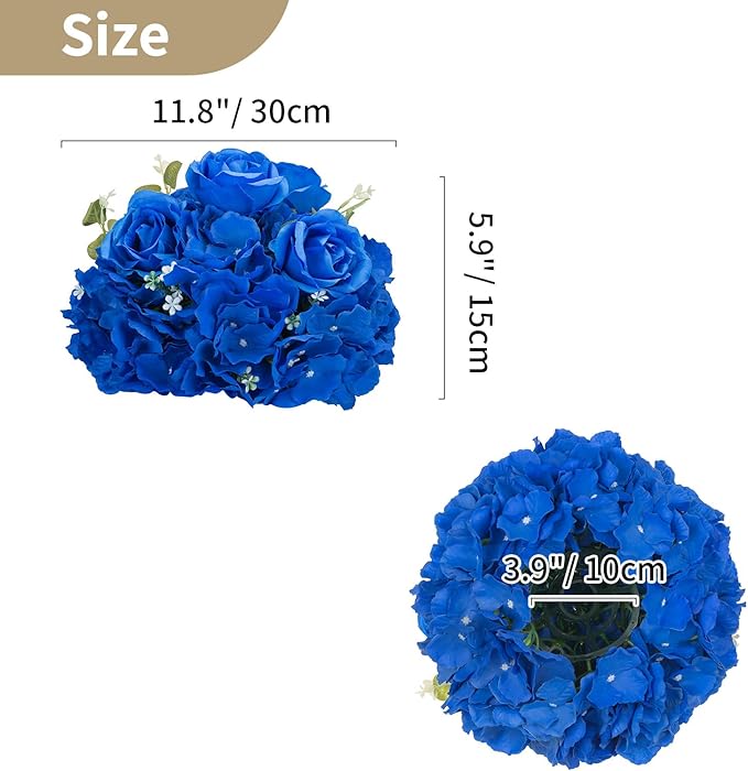 NUPTIO Royal Blue Flowers for Centerpieces: 2 Pcs 11.8 inch Diam Artificial Flower Balls for Centerpieces - Fake Flower Ball Arrangement Bouquet Rose Wedding Centerpieces for Tables Decorations