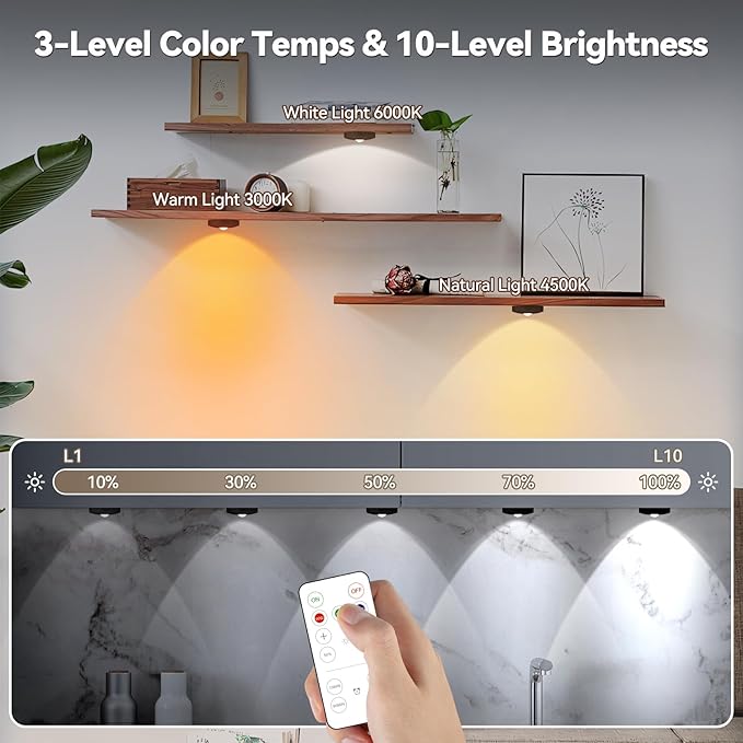 Yiliaw Rechargeable Puck Lights with Remote, 3 Pack Magnetic Under Cabinet Lighting, 1500mAh Battery Operated LED Tap Lights with Dimmer & Timmer for Kitchen, Closet, Shelf - 3 Color Temps, Black