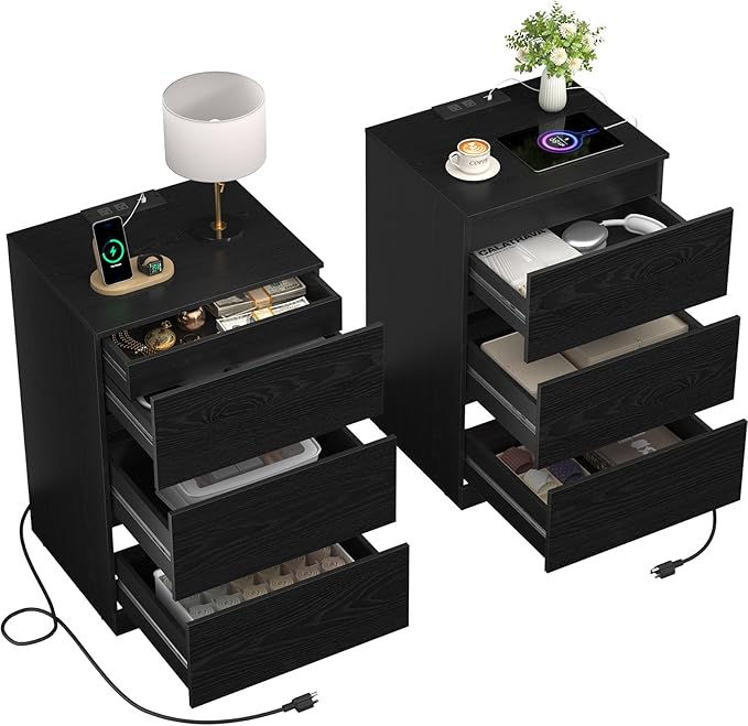 Nightstand Set of 2, 26" H with Hidden Drawer, Bedside Table with Charging Station, 4 Drawers, Modern Night Stand for Bedroom, Black