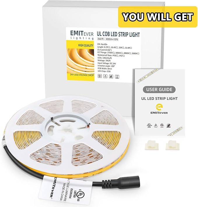 EMITEVER COB LED Strip Lights Warm White, 2700K Tape Light 32.8ft, Premium High Density, DC 24V, 300+Lumens/ft, 4800LEDs/Spool, Ra 90, 3W/ft, UL Listed 5 Year Warranty (Power Supply Sold Separately)