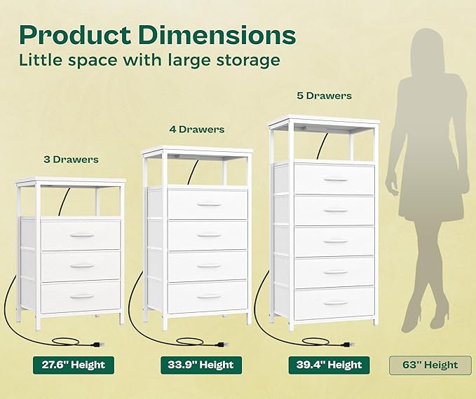Huuger White Dresser with 5 Drawers & Charging Station, Tall Dresser for Bedroom, Tall Night Stand with PU Leather Finish, Open Shelf, Nightstand for Bedroom, Closet, Hallway, Entryway