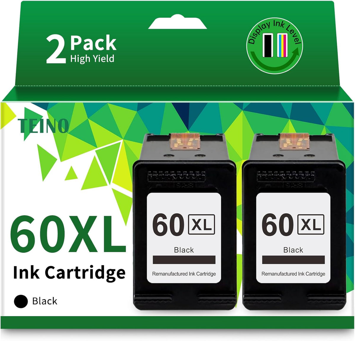 TEINO 60XL 60 Black Ink Cartridge Remanufactured Ink Cartridge Replacement for HP Ink 60 60XL for HP PhotoSmart C4680 C4780 C4795 C4640 D110 DeskJet F4480 F4440 F2430 F4280 Envy 100 110 120 (2 Black)