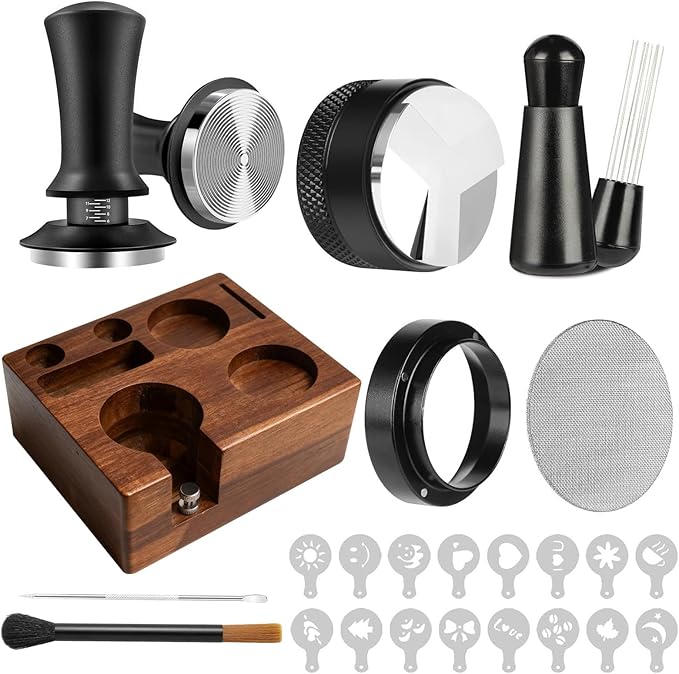 9 Pcs Espresso Accessories Kit, 58mm Espresso Tamper Tools, with Wooden Espresso Tamping Station, Distributor, Stirrer, Dosing Funnel,Puck Screen, Brush, Latte Art Pen and Decorative Stencils