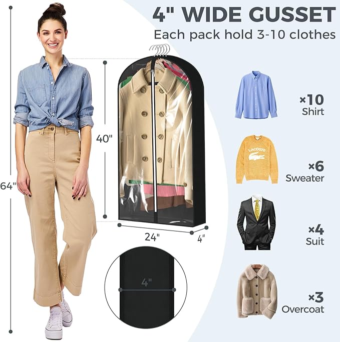 4 pack 60" Clear Garment Bags for Hanging Clothes, Suit Bags for Closet Storage, Clothing Storage, Garment Bags for Travel Covers with 4" Gussets for Coats, Jackets, Shirts, Dresses & Sweater, Black