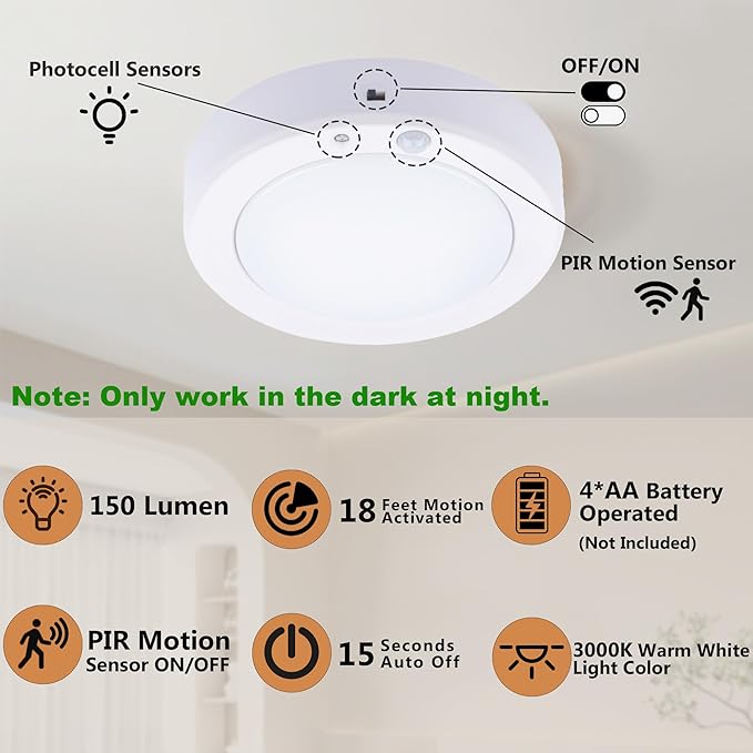 LIT-PaTH Battery Operated Motion Sensor LED Ceiling Light, 6.1inch 3000K 150 Lumens Flush Mount Light, Wireless Nightlight for Closet Laundry Stair- Darkness Use Only, 2-Pack (Battery Not Included)
